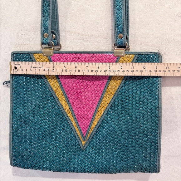 Vintage Woven Straw Tote Bag Colorblock Pink Teal Mustard Made in Italy - Picture 4 of 10
